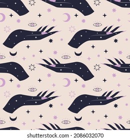 Seamless pattern with mystical woman hand and celestial symbols of moon and stars. Spiritual wicca background for print, textile, wrapping paper, cover, design. Witchcraft symbol vector illustration