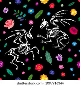 Seamless pattern. Mythical animals, flowers and leaves. A gryphon skeleton and skeleton of a pegasus with horn. Great for printing on T-shirts. Ideal for decoration of Halloween.