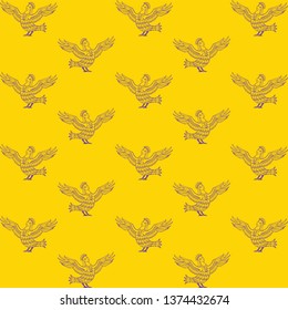 Seamless pattern. Mythical characters Sirin Bird Alconost - creatures with the bird body and beautiful woman head on yellow background.
