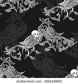 Seamless pattern with mythical creatures. Black and white background. Vector. Perfect for design templates, wallpaper, wrapping, fabric and textile.