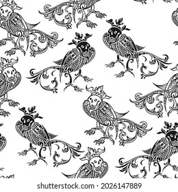 Seamless pattern with mythical creatures. Black and white background. Vector. Perfect for design templates, wallpaper, wrapping, fabric and textile.