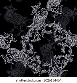 Seamless pattern with mythical creatures on black. Black and white background. Vector. Perfect for design templates, wallpaper, wrapping, fabric and textile.