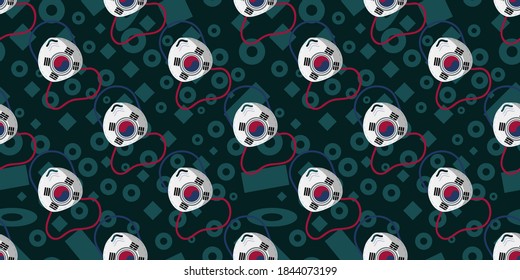 Seamless pattern of n95 surgical mask with South Korea Flag on dark color memphis element background. Vector illustration eps10.
