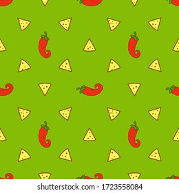 Seamless pattern with nacho chips and chili peppers on green guacamole background. Mexican food. Vector flat cartoon illustration