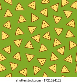 Seamless pattern with nacho chips on green guacomole background. Mexican food. Vector flat cartoon illustration