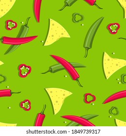 Seamless pattern with nachos and chili pepper on green background. Mexican fast food texture. 