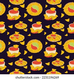 Seamless pattern with Nachos and chili pepper salsa 