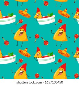 Seamless pattern with nachos chips. Vector pattern in cartoon style with characters.