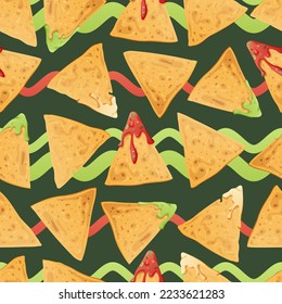 Seamless pattern with nachos on a green background with wavy lines. Traditional Mexican food. Corn chips with salsa, guacamole, cheese. Vector background for wrapping paper, fabric, wallpaper. 