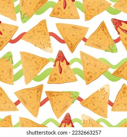 Seamless pattern with nachos on a white background with wavy lines. Traditional Mexican food. Corn chips with salsa, guacamole, cheese. Vector background for wrapping paper, fabric, wallpaper.