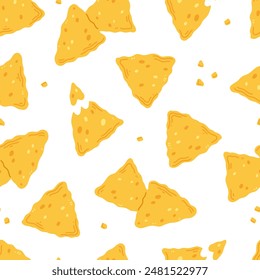 Seamless pattern with nachos snack in cartoon flat style on a white background. Vector illustration background with traditional Mexican food.