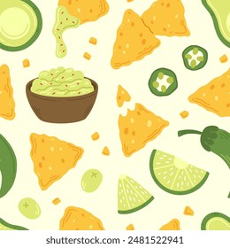 Patrón sin fisuras con nachos snack, guacamole y jalapeños en estilo plano de dibujos animados sobre un fondo blanco. Ilustración vectorial de un fondo con comida tradicional mexicana