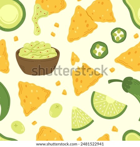 Seamless pattern with nachos snack, guacamole and jalapeno peppers in cartoon flat style on a white background. Vector illustration of a background with traditional Mexican food