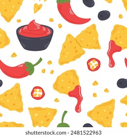 Seamless pattern with nachos snack, salsa sauce and peppers in cartoon flat style on a white background. Vector illustration of a background with traditional Mexican food