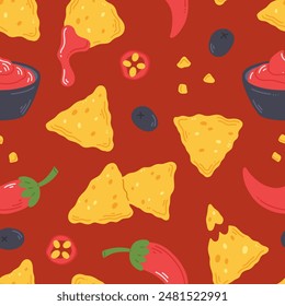 Seamless pattern with nachos snack, salsa sauce and peppers in cartoon flat style on a red background. Vector illustration of a background with traditional Mexican food