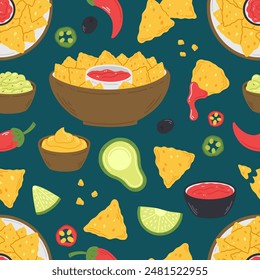 Seamless pattern with nachos snacks, sauces and peppers in cartoon flat style on a dark green background. Vector illustration of a background with traditional Mexican food