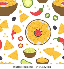 Seamless pattern with nachos snacks, sauces and peppers in cartoon flat style on a white background. Vector illustration of a background with traditional Mexican food
