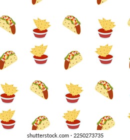 Seamless pattern with nachos and transparent sauce ball and tacos with vegetables and champignons.