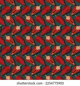 Seamless pattern with Naga Viper pepper. Capsicum chinense. Hot chili pepper.Chili pepper. Vegetables. Flat style. Vector illustration isolated on green background.
