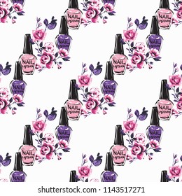 Seamless pattern for nail art salon with nail polish bottles and roses. Vector fashion illustrations with watercolor style paint splashes. Stylish and beautiful graphic on white background.