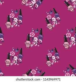 Seamless pattern for nail art salon with nail polish bottles and roses. Vector fashion illustrations with watercolor style paint splashes. Stylish and beautiful graphic on pink background.