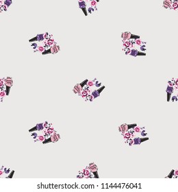 Seamless pattern for nail art salon with nail polish bottles and roses. Vector fashion illustrations with watercolor style paint splashes. Stylish and beautiful graphic on white background.