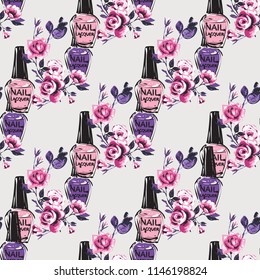 Seamless pattern for nail art salon with nail polish bottles and roses. Vector fashion illustrations with watercolor style paint splashes. Stylish and beautiful graphic on white background.