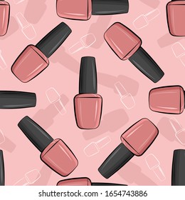 Seamless pattern nail polish bottle in gray and pink colors. Texture for banner, flyer, poster or print, websites, web design, mobile app on white background.