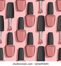 Seamless pattern nail polish bottle in gray and pink colors. Texture for banner, flyer, poster or print, websites, web design, mobile app on pink background.