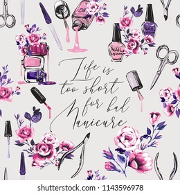 Seamless pattern with nail polish bottles and roses, manicure tools. Vector fashion illustrations with watercolor style paint splashes. Design for logo, t shirt and uniform for beauty salon.