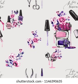 Seamless pattern with nail polish bottles and roses, manicure tools. Vector fashion illustrations with watercolor style paint splashes. Design for logo, t shirt and uniform for beauty salon.