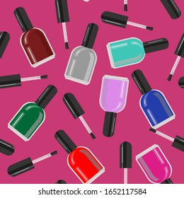 seamless pattern of nail polish bottles. multicolored Nail polish On pink background. background for fashion industry, fabric, banners, beauty industry, beauty salon