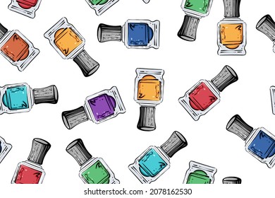 Seamless pattern of nail polish bottles in colors of rainbow, vector illustration