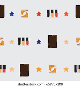 Seamless pattern with nail polish bottles, yellow sneakers and tablet. Vector seamless design decorated with stars on light background. Stylish simple illustration.