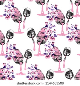 Seamless pattern with nail polish drop and flowers. Vector fashion illustrations with watercolor style paint splashes. Design for logo, t shirt and uniform.
