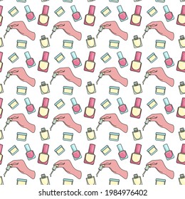 Seamless pattern with nail polish. The hand holds a nail polish brush. Colored elements in a cartoon style. Print design element or background image.  Vector image, EPS10.