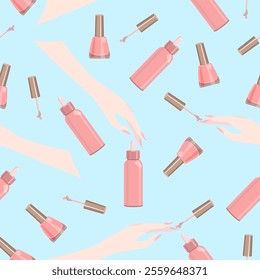 Seamless pattern of nail polish and hand brush with manicure on a blue background.Vector pattern for beauty salon designs, backgrounds.