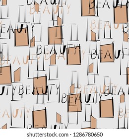 Seamless pattern with nail Polish, lipstick and beauty word.