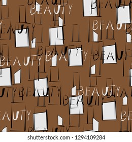 Seamless pattern with nail Polish, lipstick and beauty word.