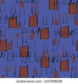 Seamless pattern with nail Polish, lipstick and beauty word.