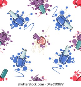 Seamless pattern with nail polish on white background. Fashion hand drawn vector.
