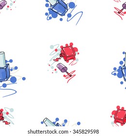 Seamless pattern with nail polish on white background. Fashion vector illustration