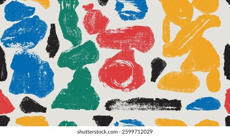Seamless Pattern Naive Abstract Geometric Shapes, Lines, Forms. Templates Hand Drawn Grunge Colored Style Brush Strokes, Bold Curved Lines, Geometric Shapes. Vector Design Collage Elements. 