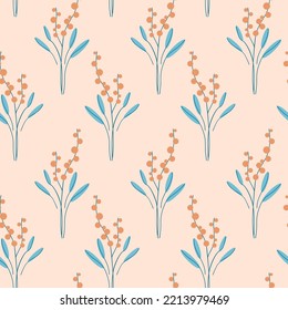 Patrón sin foco con flores y hojas dibujadas a mano de arte ingenuo. Retro lindo y simple fondo de los años 60. Resumen de la decoración botánica de gran magnitud. Motivos de salud o lavanda. Ilustración vectorial.