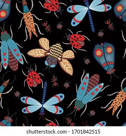 Seamless pattern with naive beetles and butterfly. Vector. 