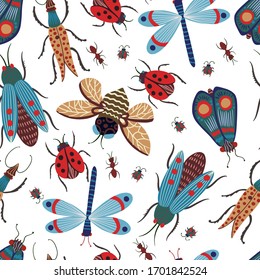 Seamless pattern with naive beetles and butterfly. Vector. 