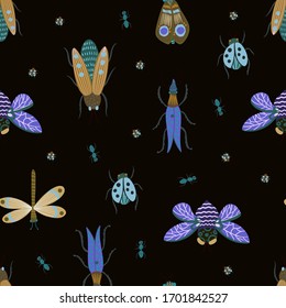 Seamless pattern with naive beetles and butterfly. Vector. 