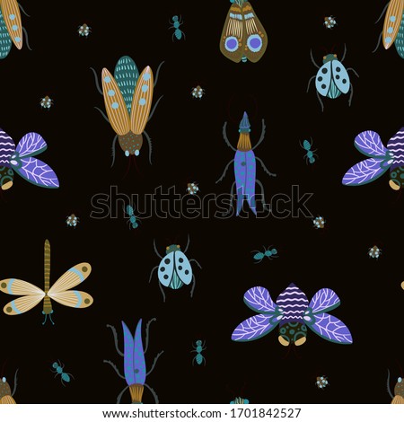 Seamless pattern with naive beetles and butterfly. Vector. 