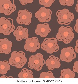 Seamless pattern with naive brown flowers . Hand drawn cute flowers on dark brown background, vector illustration for wrapping paper.