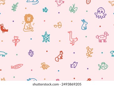 Seamless pattern of naive childish doodle illustration on pink background. Children colorful scribble. Cartoon cute drawing vector animals, fish and flowers. Wallpaper, textile, wrap design template